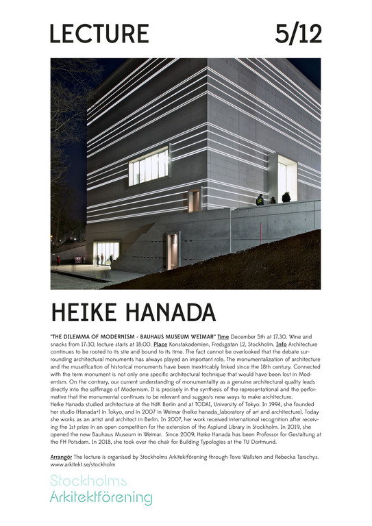 Einladung der Stockholms Arkitektförening zum Vortrag von Prof. Heike Hanada 