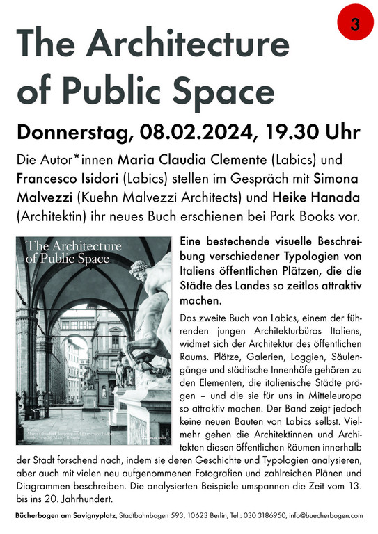 Einladung zur Buchvorstellung 'The Architecture of public space' am 08.02.24 im Bücherbogen am Savignyplatz Berlin