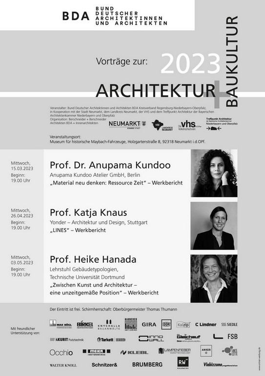 Ankündigungskarte der 3 Vorträge im Rahmen der Frühjahrsreihe "Architektur+Baukultur" 2023 des BDA in Neumarkt i.d.OPf.