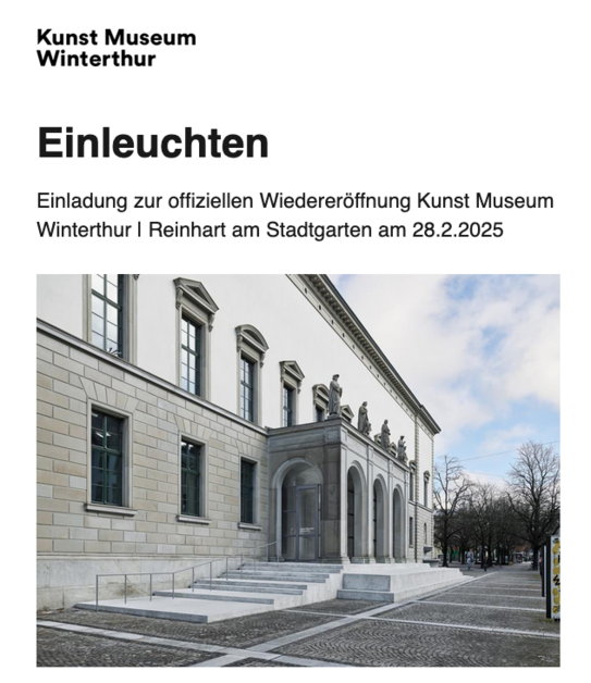 Einladung zur Wiedereröffnung des Kunstmuseum Winterthur am 28.02.25 mit Fot des neu gestalteten Eingangsbereichs 