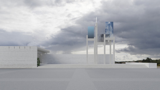 Wettbewerbsvorschlag Ehrenmal Luftwaffe, weiße Mauer mit unterschiedlich hohen Stelen vor wolkigem grauen Himmel