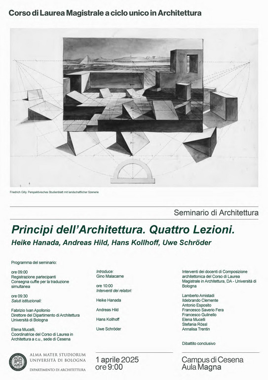 Flyer zur Vortragsreihe am 01.04.25 in der Universität Bologna zum Thema Principi dell'Architettura