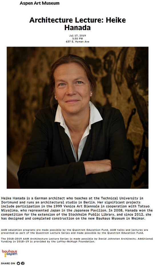 Einladung zum Vortrag von Prof. Heike Hanada im Aspen Art Museum