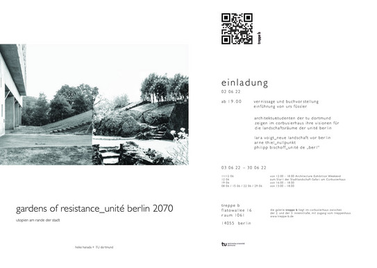 Einladungskarte zur Ausstellung "gardens of resistance_ unité berlin 2070"