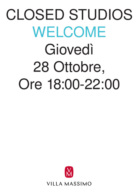 Einladungsplakat zur Ausstellungseröffnung "closed studios welcome" am 28.10.2021 in der Villa Massimo Rom