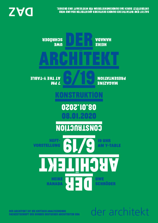 Werbeplakat für die Vorstellung des Heftes "der architect 6/19:konstruktion am 08.01.2020