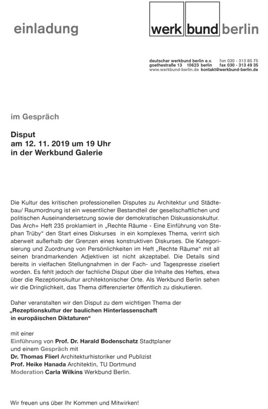 Einladung zum Disput "Rechte Räume" am 12.11.19 im Werkbund Berlin 